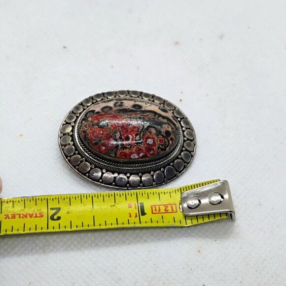 Vtg 925 Sterling Silver Leopard Jasper Brooch Pendant Picture Stone Red Brown - Picture 4 of 9